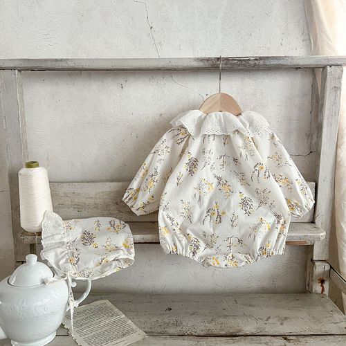 Korean style baby girl floral hooded jumpsuit ins newborn lace loose harem trendy