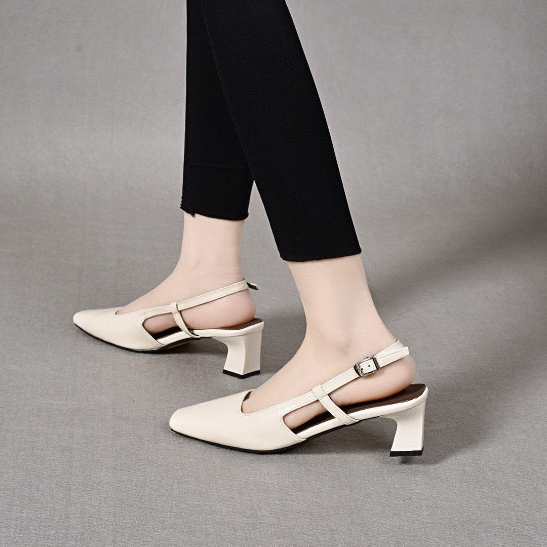 Sandal nữ quai ngang gót vuông da thật mũi vuông hở gót — màu be chi tiết 6