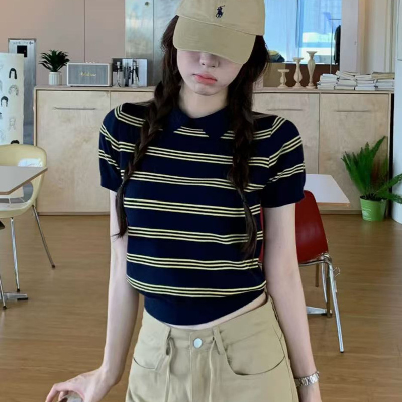 25 Spring and Autumn New Miu Series 316 Wool Silk Pullover Striped Soft Polo Knit Sweater Base Shirt for Women