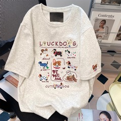 【220グラム純綿刺繍】刺繍ソーセージ犬半袖tシャツ女性夏アメリカレトロな港味chiカーディガン