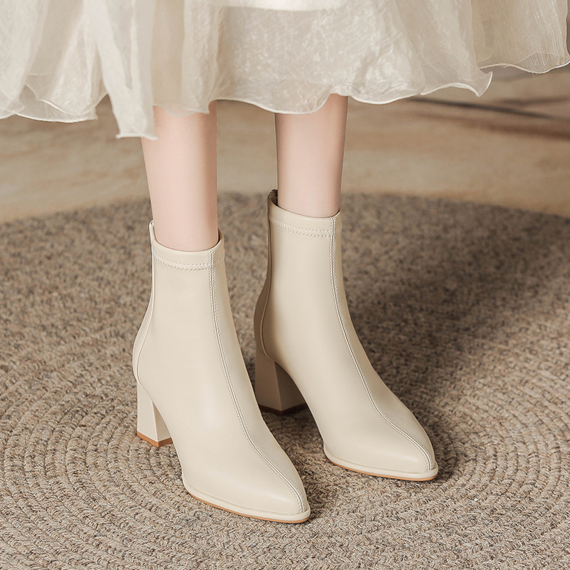7cm Size 31-40 Pointed Toe High Heel Mid-Calf Boots Thin Boots Increased Back Zipper Thick Heel Short