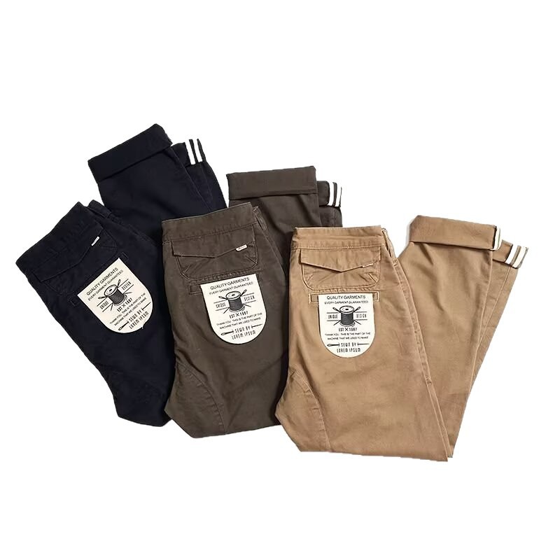 Amei Casual Retro Cargo Pants Heavyweight Pure Cotton Thickened Washed Multi-Pocket Loose Straight-Leg Casual Long Pants for Men