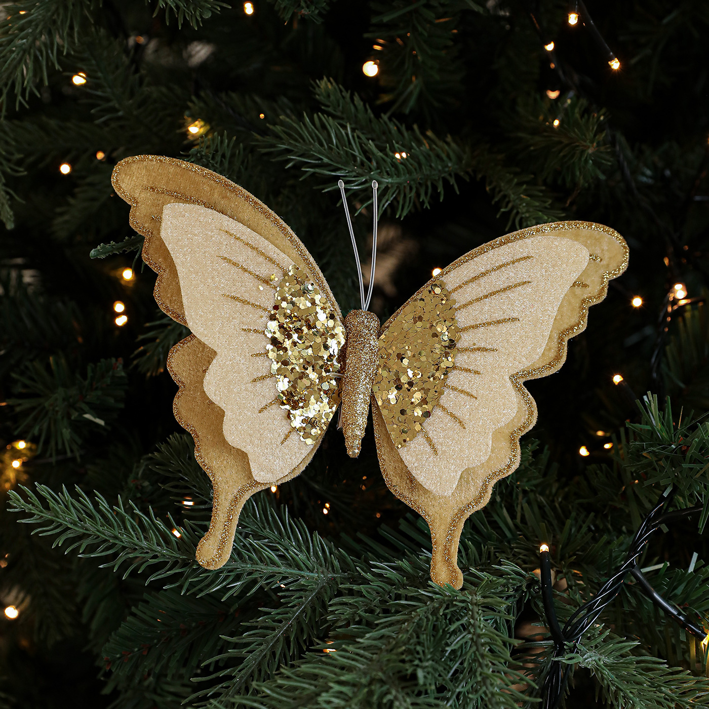 Nuevos productos de tela de alta calidad abrazadera de arco de tela de lana de doble capa colgante de polvo adesivo flocado árbol de Navidad decoración de escena