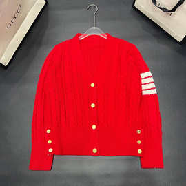 TB羊毛红色麻花针织开衫女秋冬韩版设计感v领长袖毛衣学院风外套