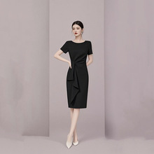 黑色短袖职业连衣裙高级感女夏季修身显身材气质晚礼服主持人裙子