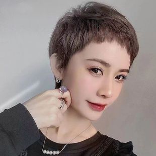 Wig Real Hair Women's Short Hair Dog Chew Bangs Wig Set New Fashion Natural Full Head Cover Real Hair Full Human Hair Silk
