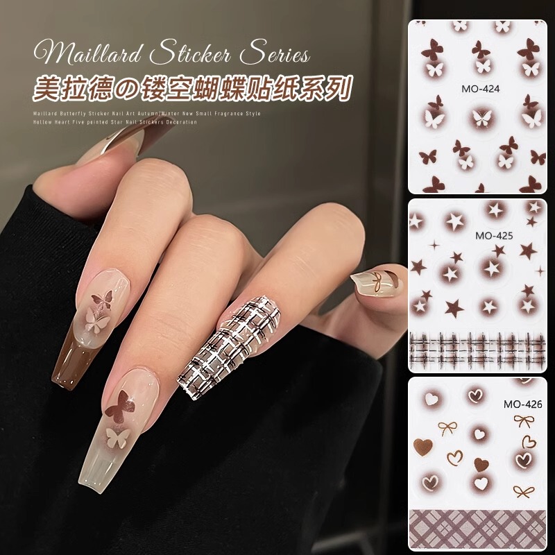 Maillard Nail Art Hollow Butterfly Sticker New Vintage Brown Dead Leaf Butterfly Gradient Semi-transparent Nail Decal Flower Decorations