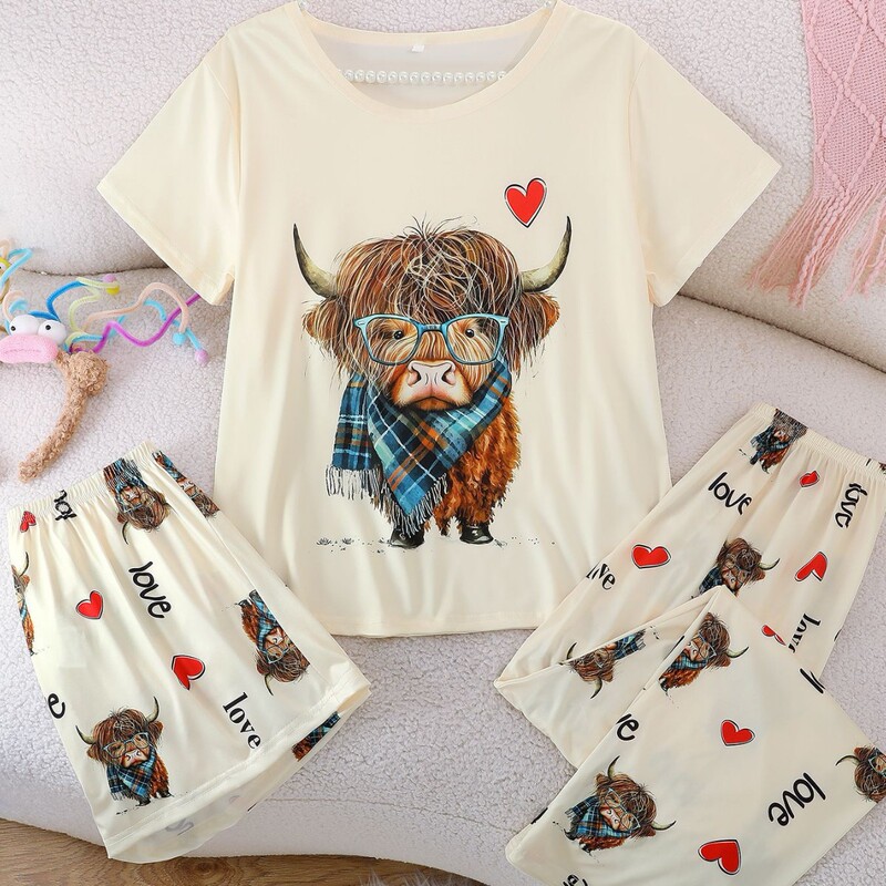 Cross-Border Foreign Trade New Style Women's Pajamas Printed Round Neck Short-Sleeved Shorts Long Pants Three-Piece Set European and American Home Wear Wome