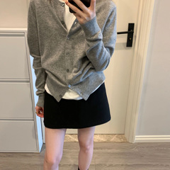 网红极简纯色针织开衫女灰色修身基础韩系复古休闲感时髦上衣