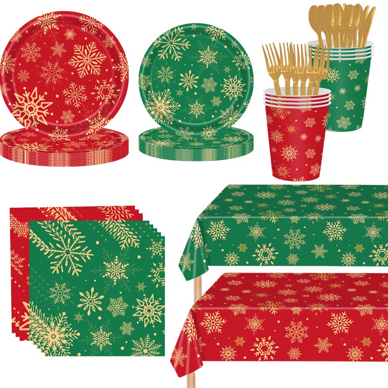 New Red and Green Christmas Theme Tableware Set Golden Snowflake Winter Festival Celebration Disposable Paper Plate Tablecloth