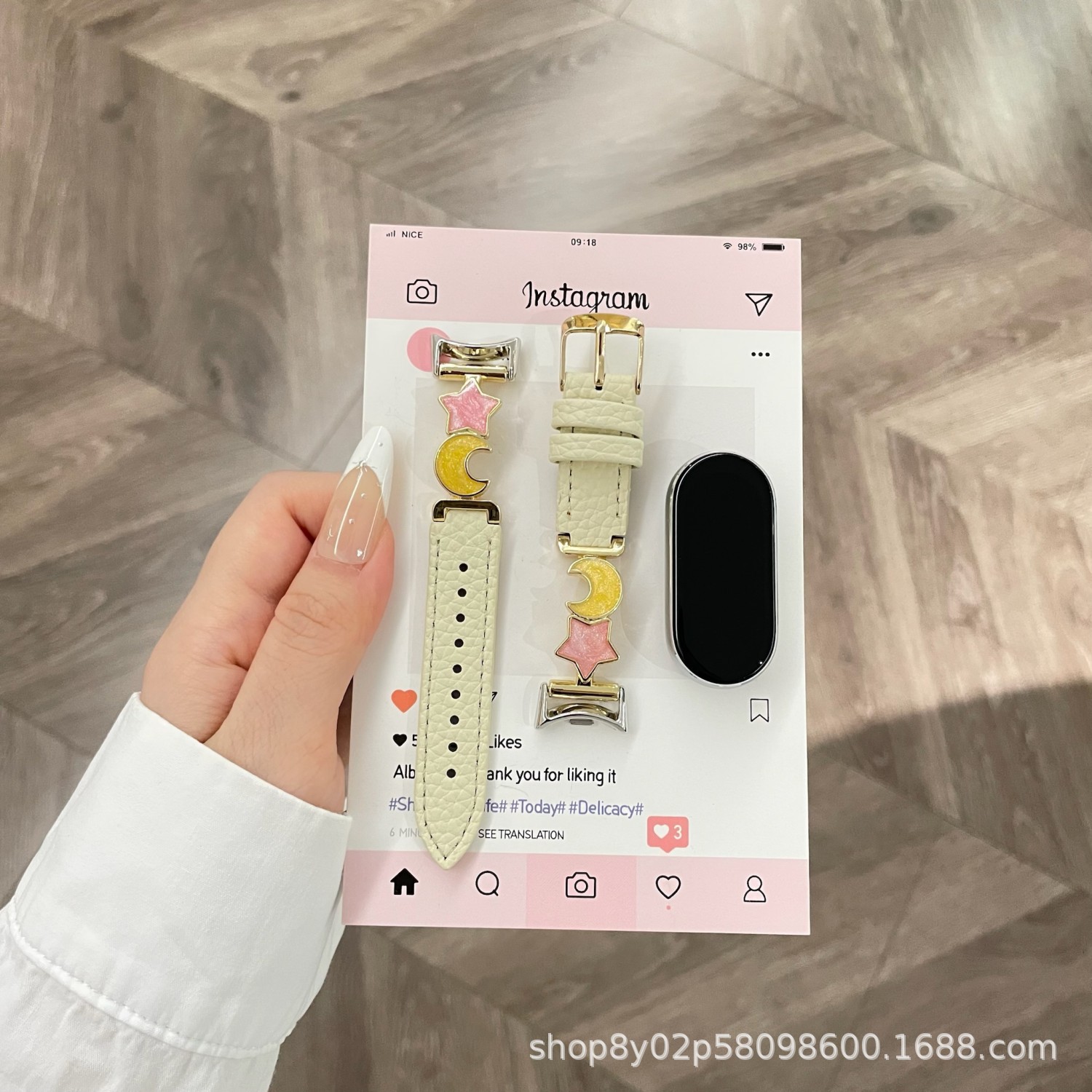 Star Moon Litchi Pattern Strap Suitable for Xiaomi Mi Band 10 Apple Iwatch11 Leather Strap Advanced Huawei