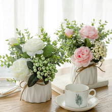 北欧仿真花套装陶瓷麻绳花瓶玫瑰花 仿真植物盆栽家居装饰假花盆