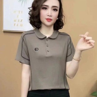 Middle-Aged and Elderly Mother's Doll Collar Short-Sleeved T-Shirt Summer New Embroidered Letters Age-Reducing Fashion Slimming Look Versatile Top