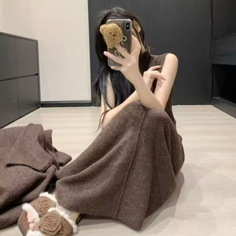 慵懒风感秋冬整套气质时尚穿搭无袖针织连衣裙长款针织开衫两件套|undefined
