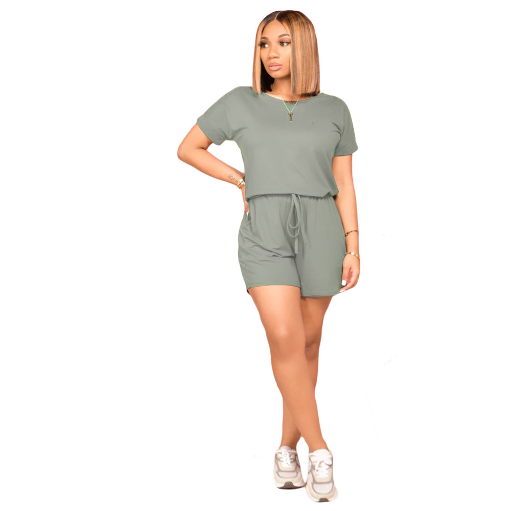 wholesale clothing vendor Nihaostyles solid color short-sleeved T-shirt shorts with pockets jumpsuit NSCN67227