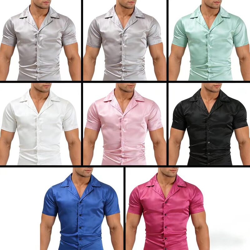 2026 New Amazon Men's Shiny Disco Short-Sleeved Shirt Cross-Border Foreign Trade Casual Men's Short-Sleeved Top