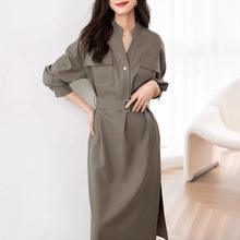 气质通勤裙子女2026造型感春季新款V领收腰显瘦长袖衬衫连衣裙女