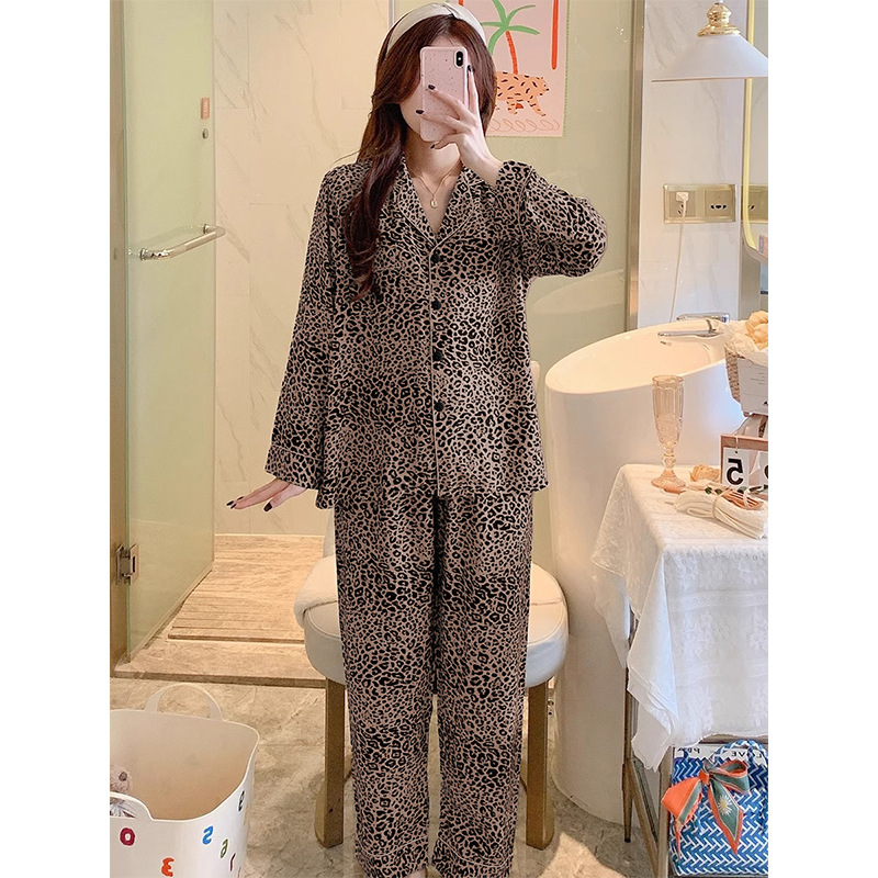 YUANXING 3484 그물 빨간 레오파드 무늬 긴팔 잠옷 여성 카디건 세트 캐주얼 밀크 실크 홈 의류 (공식 사진)