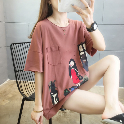 summer new pattern Cartoon printing T-shirts Short sleeved Women's wear Korean Edition Mosaic Easy T-shirt jacket