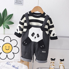 男童條紋動物背帶褲套裝春秋款洋氣兒童衣服長袖兩件套寶寶春裝