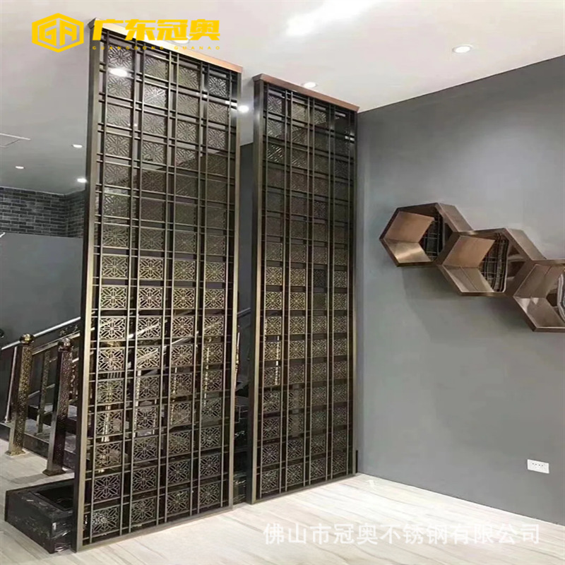 别墅大厅楼口不锈钢镂空花格  会所过道不锈钢激光镀铜屏风