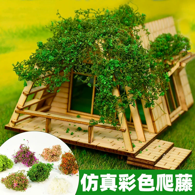 Миниатюрная искусственная ландшафтная модель вьющейся лианы с листьями, модель стены, хлопчатобумажная нить, разноцветная крыша, зеленый мох и зеленые растения.