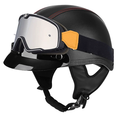 Motosiklet kaskı (dəbilqə) – women's four seasons fashion pedal locomotive - black-leather-red-line-brim-large-frame-goggles-m56-57cm