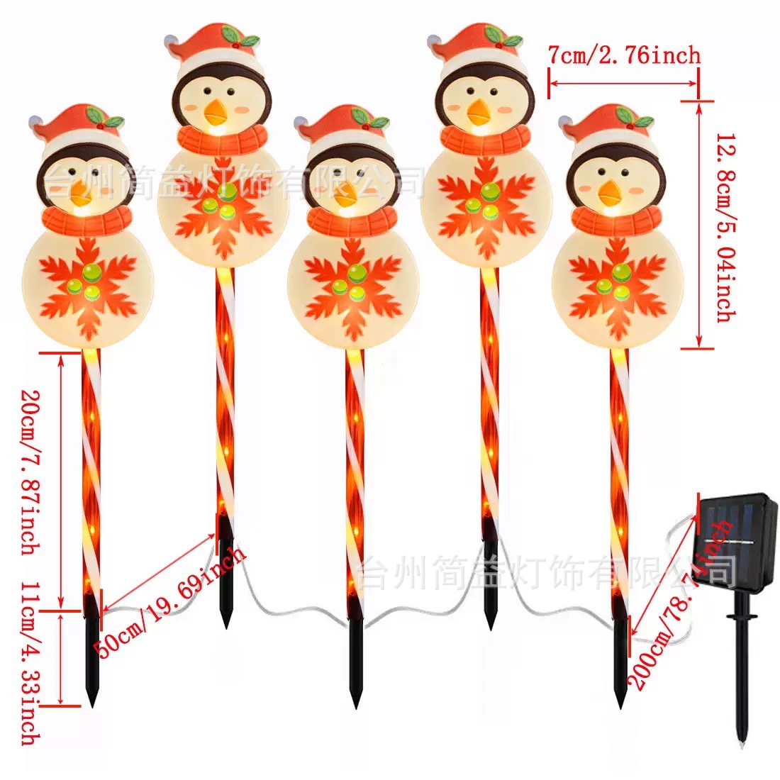 Un arrastre de pingüinos de cinco copos de nieve planos - tubo rojo - energía solar
