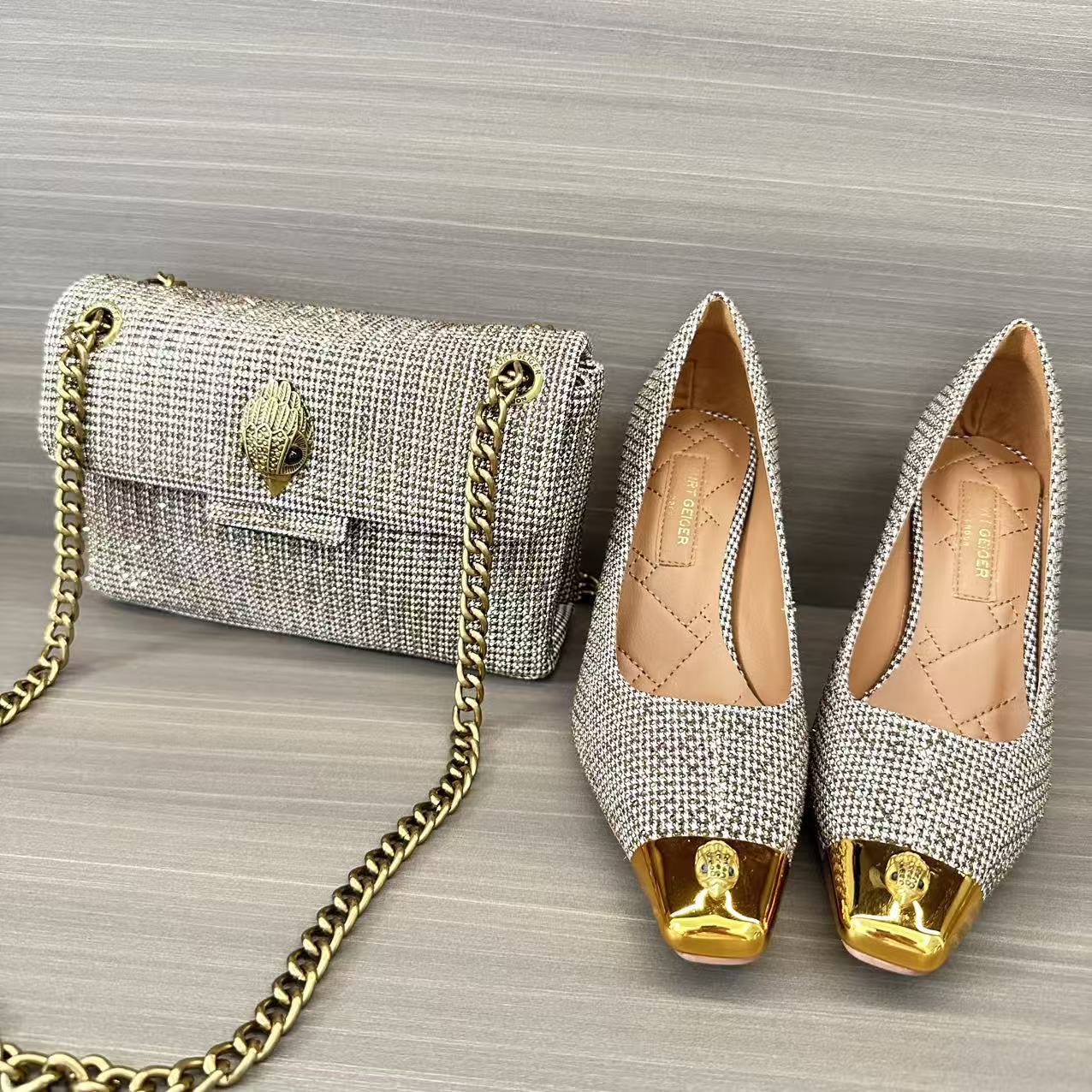 Eagle-head women's high-heeled shoes with houndstooth pattern and rhinestones, new model by Kurt Geiger, available for dropshipping from Guangzhou