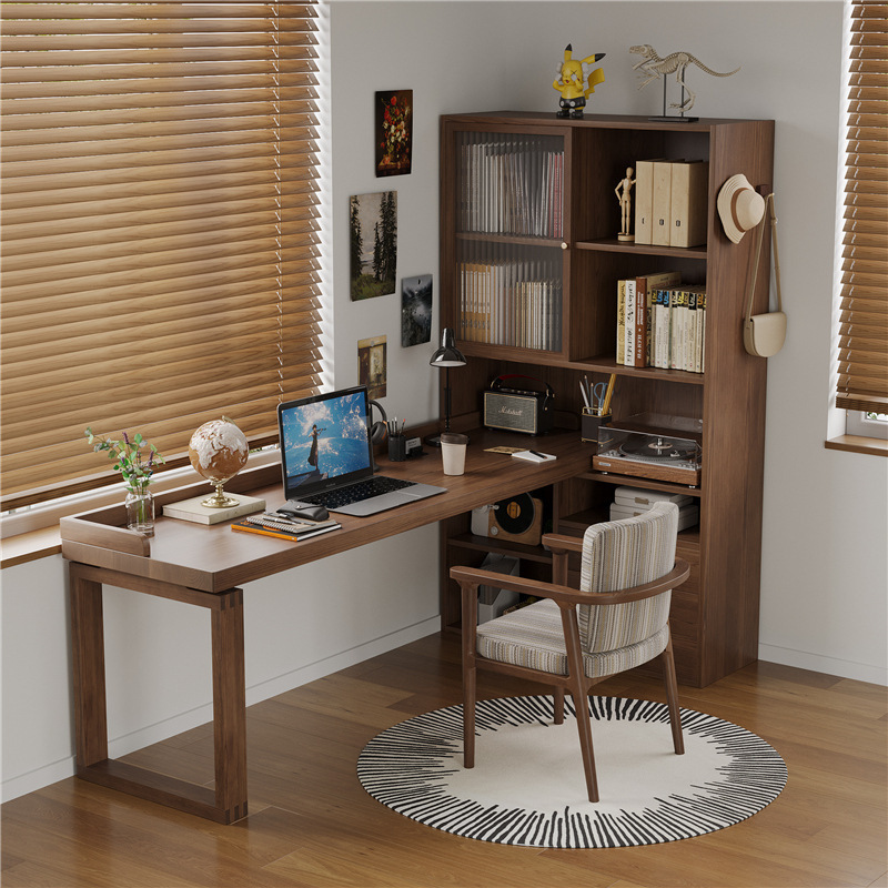 Solid Wood Corner Desk with Glass Bookcase Integrated Desktop Computer Desk Storage Cabinet Bedroom Study Desk