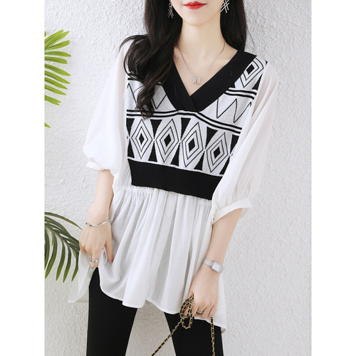 Summer Fat mm 300 Pounds Plus Size False Two-Piece Chiffon Splicing V-Neck Knit Loose Top Women's Shirt