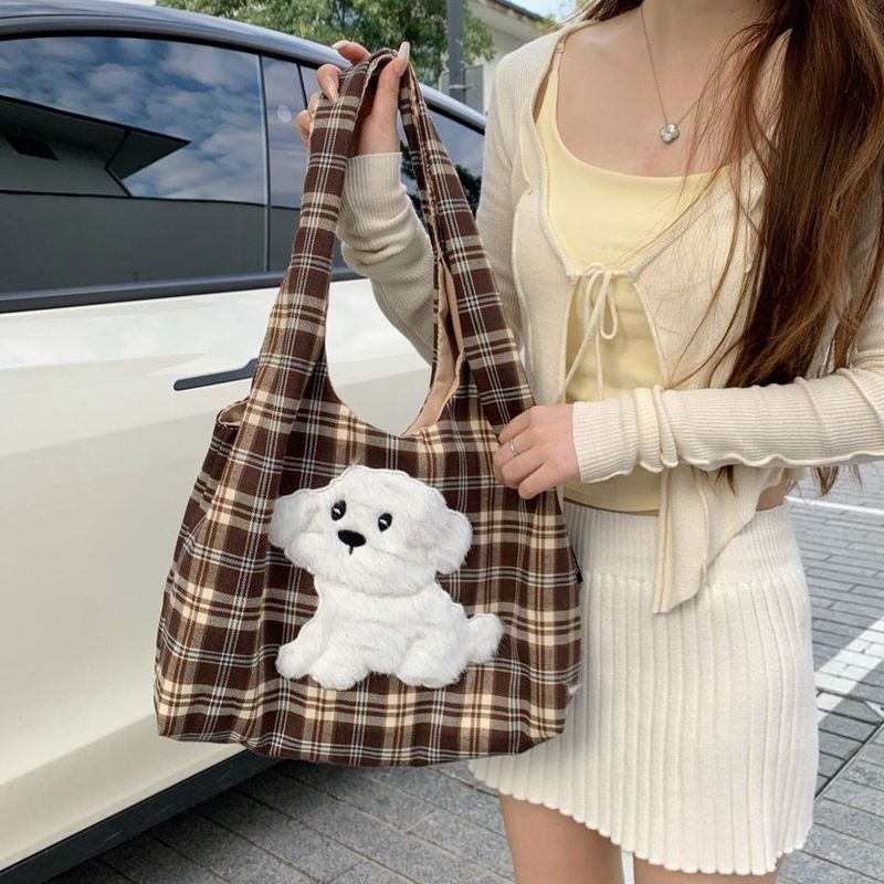 秋冬时尚毛绒卡通小熊格子背心包学生大容量帆布袋少女休闲单肩包|undefined