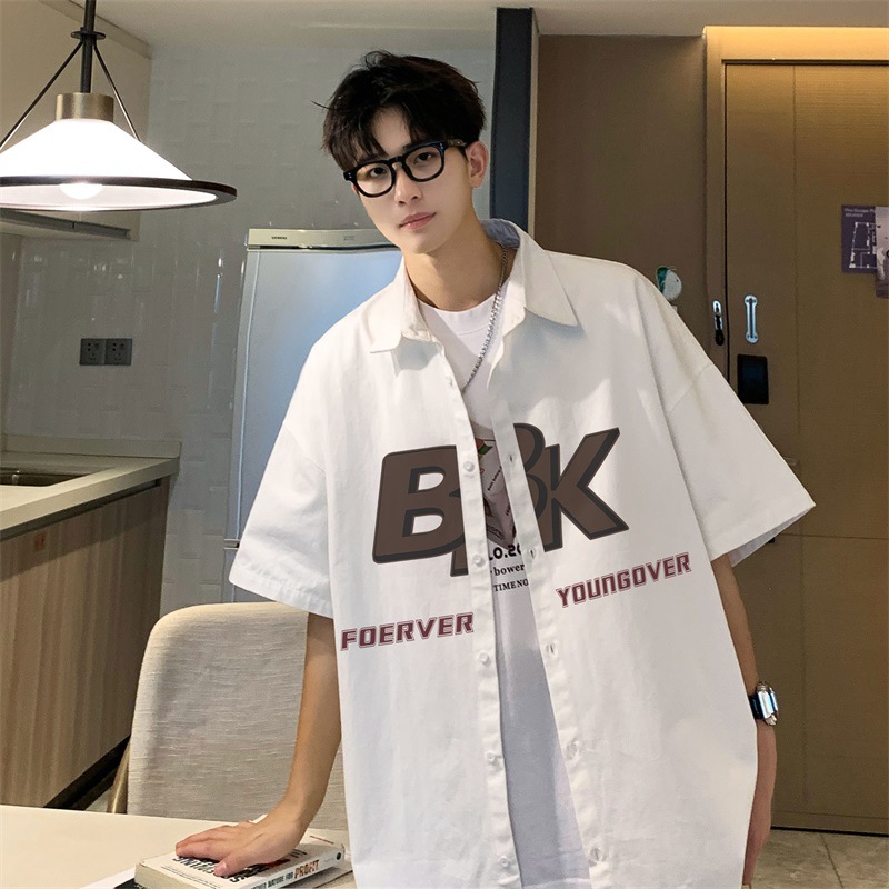 White short-sleeved shirt men's summer Japanese style loose trendy top men's fashion brand printed Ruan handsome shirt jacket