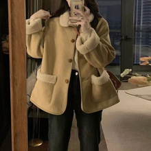 复古鹿皮绒羊羔毛加绒外套女冬季宽松加厚保暖皮毛一体机车棉服潮