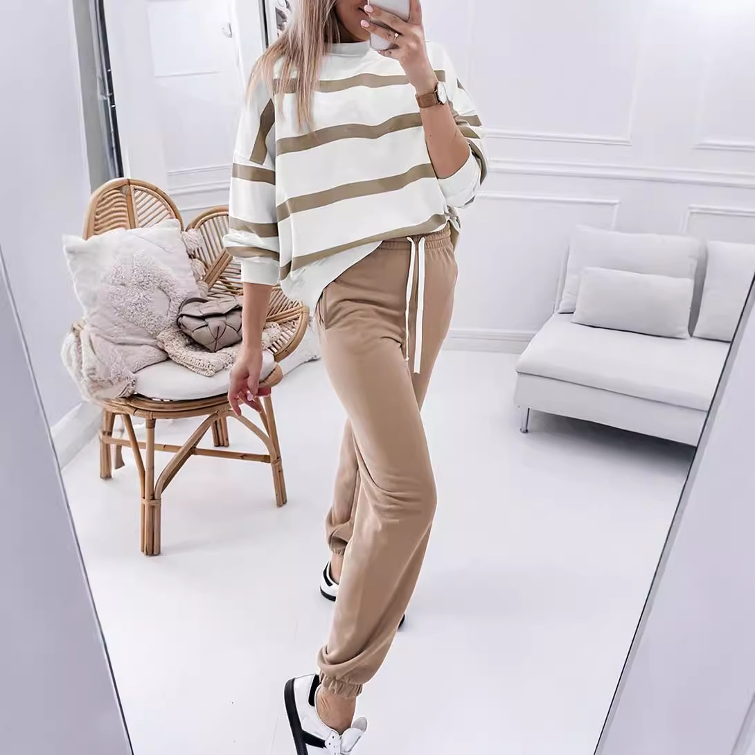 Casual Striped Sports Suit Women's Long-sleeved Sweater