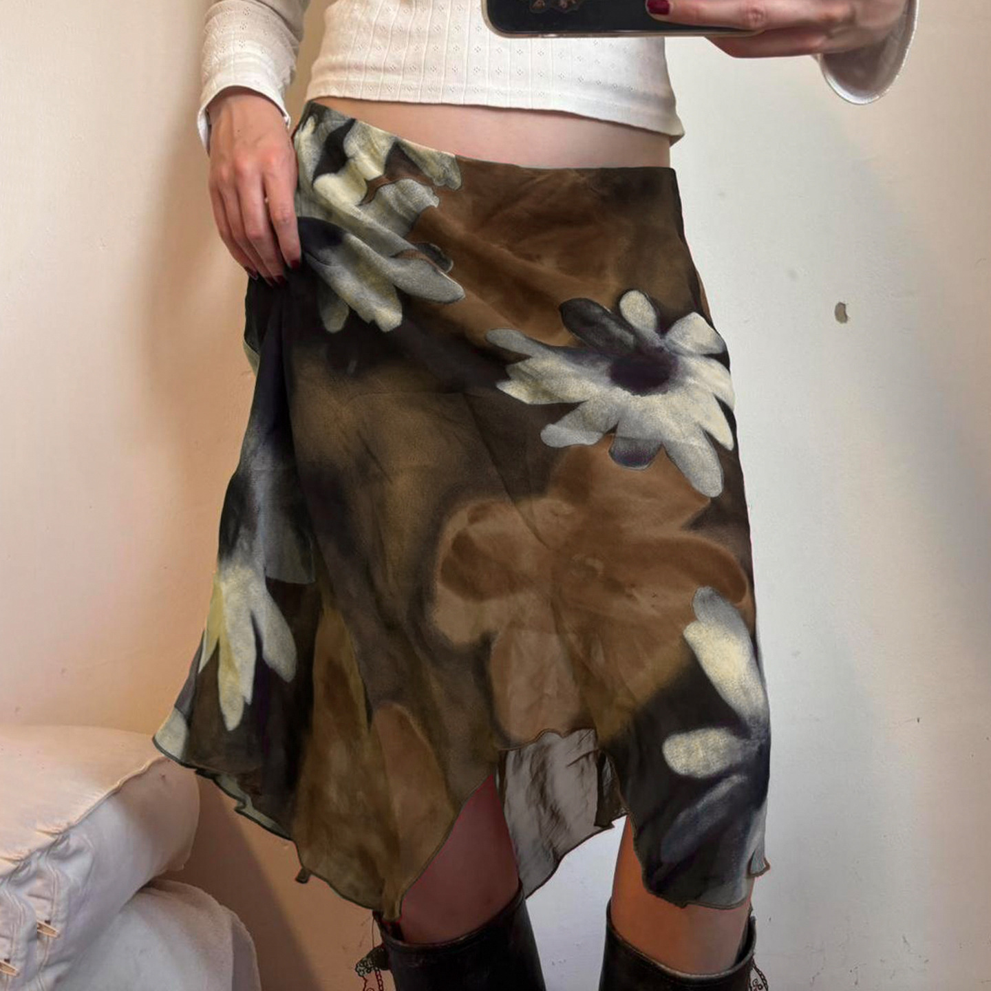 Foreign Trade American Retro Floral Print Mesh Patchwork Irregular Skirt, Vacation Style Slim Fit Low-Waist Half Skirt
