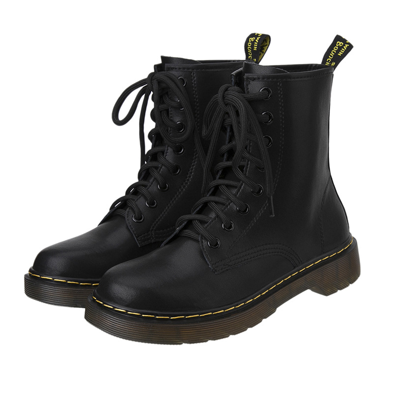 Bottes de moto courtes Martin noires en cuir véritable à lacets à huit et six trous de style britannique pour femmes_voghion.com