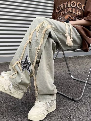 Designer American Retro Star Straight Leg Denim Jeans for Plus Size Women with Embroidery and Drawstring, Trendy and Instagram Style