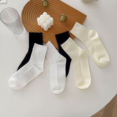 White Socks Women Mid-Calf Cotton Ins Trendy Summer Thin Solid Color Double Needled Bunchy Socks Japanese Black Socks