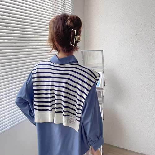 Korean Striped Knitted Wool Scarf with Fake Collar for Children and Adults, Decorative Cardigan for Office and Air-Conditioned Rooms, Shoulder Scarf