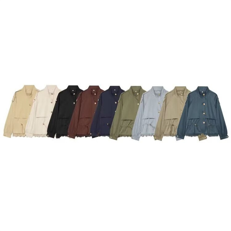 Wholesale for foreign trade: 2026 autumn new European and American style women's clothing, stand-up collar, fashionable lace patchwork, waist-cinching work jacket