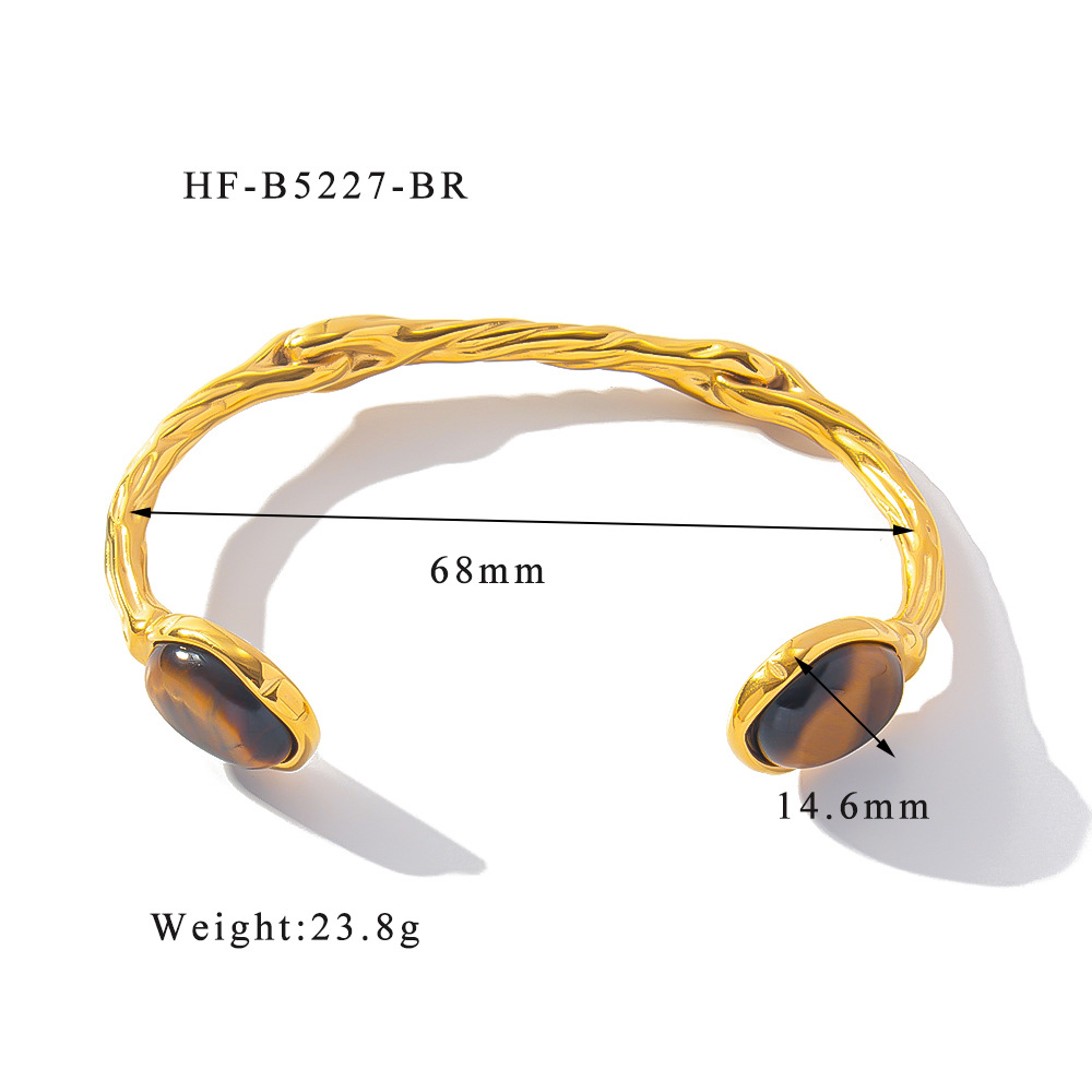 Venta caliente transfronteriza retro titanio acero chapado 18K doble cara ovalada piedra natural apertura irregular pulsera ajustable