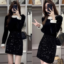新款小香风套装女秋冬黑色拼接长袖衬衫高腰亮片半身裙两件套