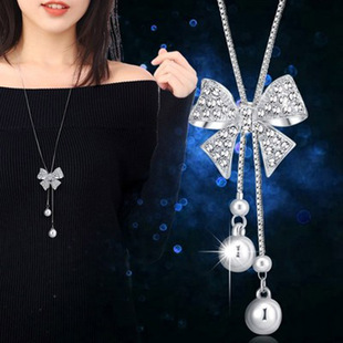 New Bow Round Bead Woolen Chain Day South Korea Fashion Long Necklace Women's Elegant Autumn and Winter Simple Accessories