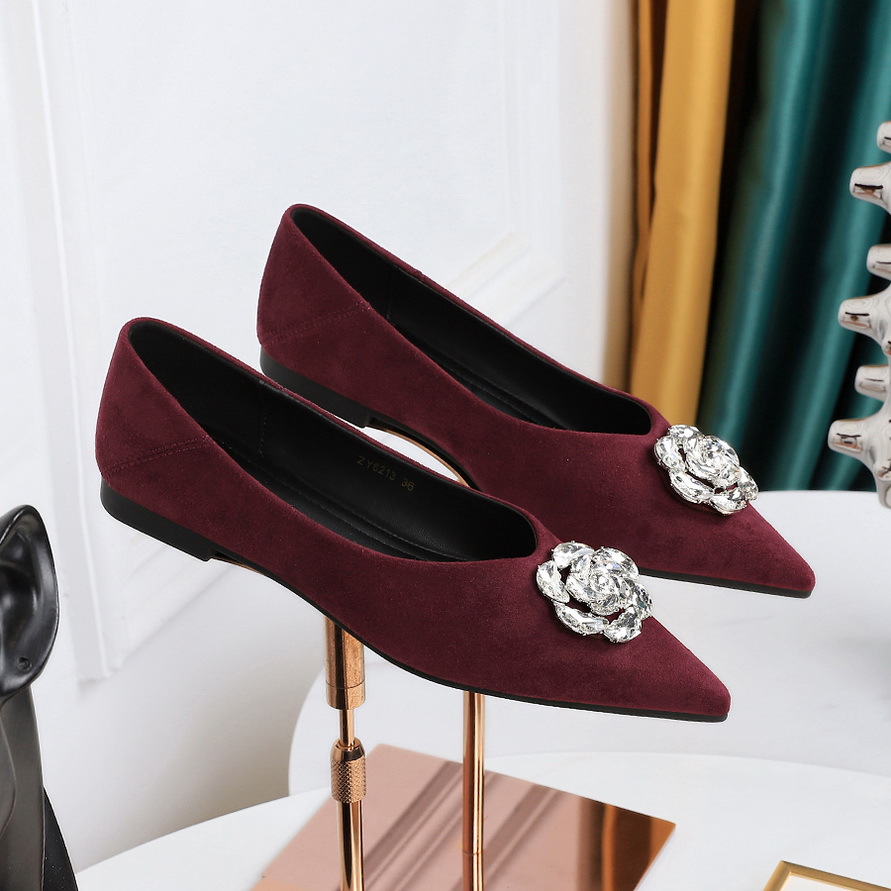 6213-K102 Korean Style Flower Flat Heel Shoes Pointed Toe Shallow Mouth Rhinestone Women's Shoes Elegant Suede Flats