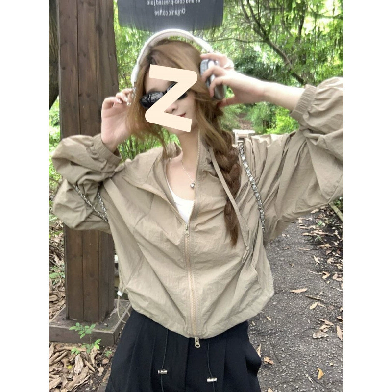 Американская милая и крутая стильная рабочая одежда, женская летняя новая уличная легкая солнцезащитная одежда, кардиган с капюшоном, топ