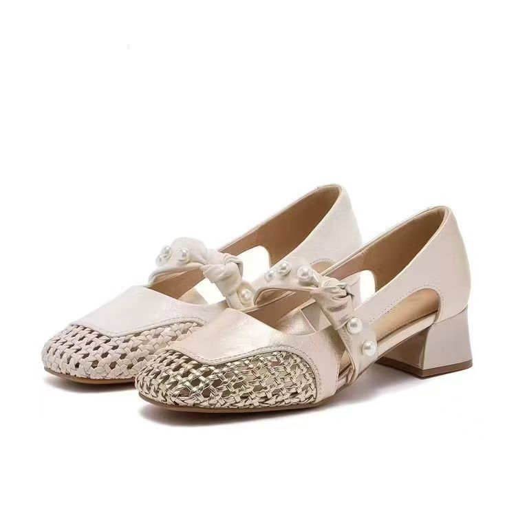 Sandalias de Tacón Medio con Perlas para Mujer PU Suela de Caucho