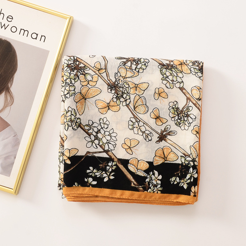Japonés y coreano dulce mariposa flor rama decoración algodón y lino sensación bufanda de seda artística todo partido bufanda Vacaciones Viajes protector solar chal