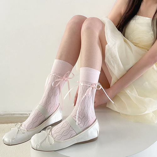 Thin French ribbon bow mid-calf socks pink hollow pile socks summer mesh breathable vertical striped socks for women