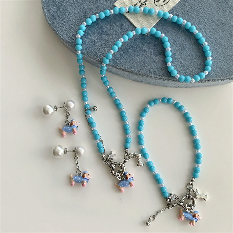 틈새 독특한 성격 닥스 훈트 진주 귀걸이 팔찌 목걸이 블루 구슬 여성용 신선한 유행 보석